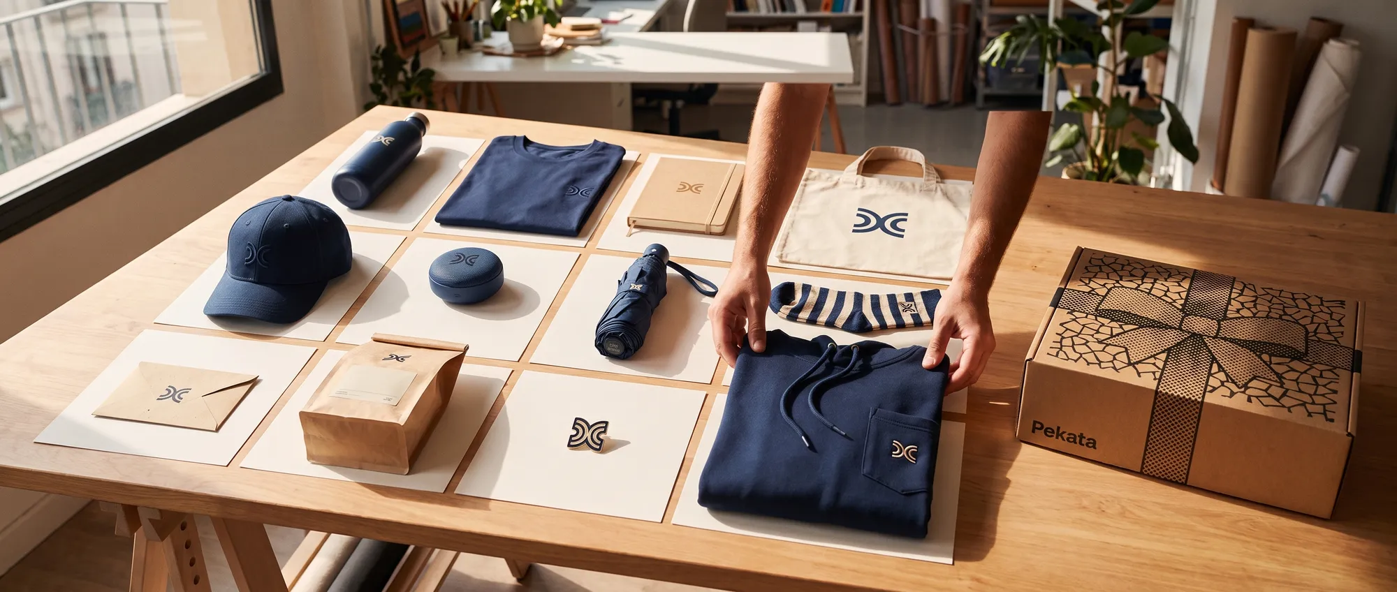 Mood board of merchandise ideas on a table: bottle, T-shirt, notebook, tote bag, cap and other items with the same logo
