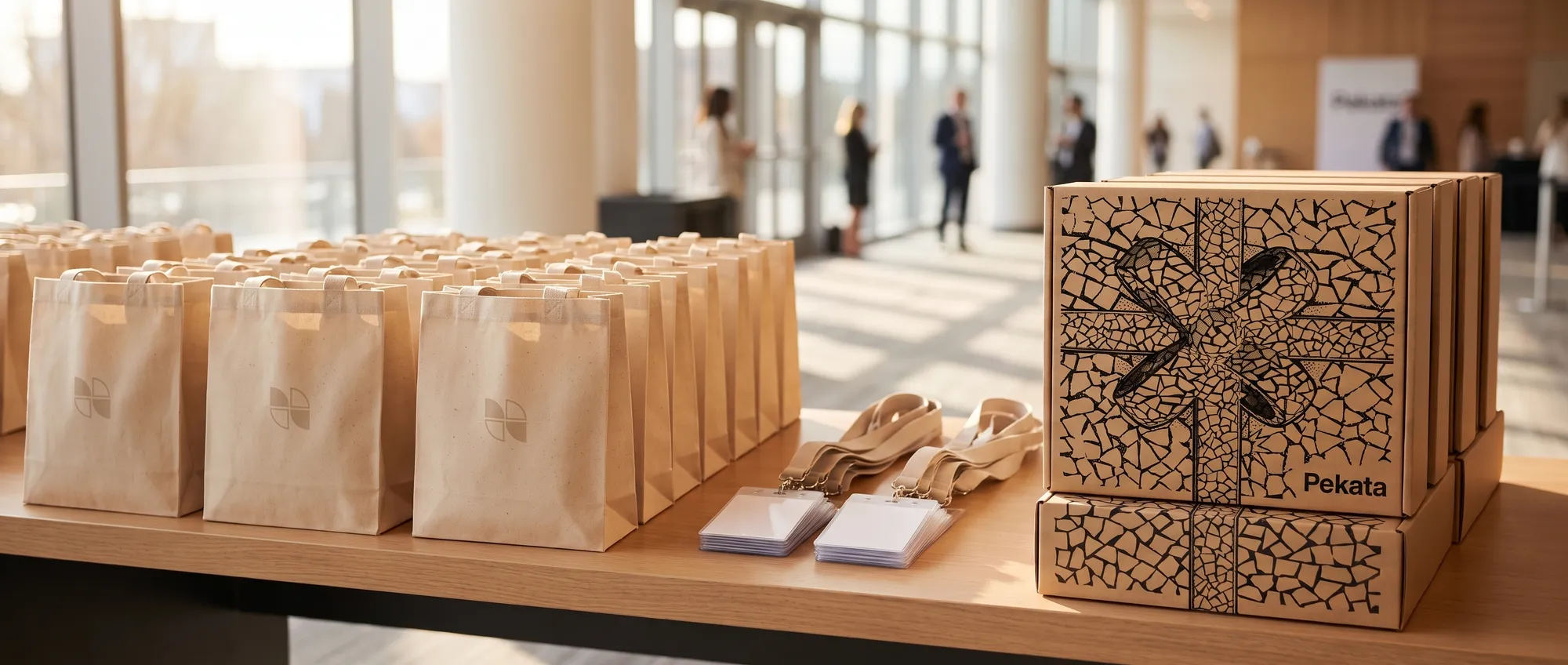 Taula d’acreditacions d’una convenció d’empresa amb goodie bags, lanyards i caixes Pekata apilades