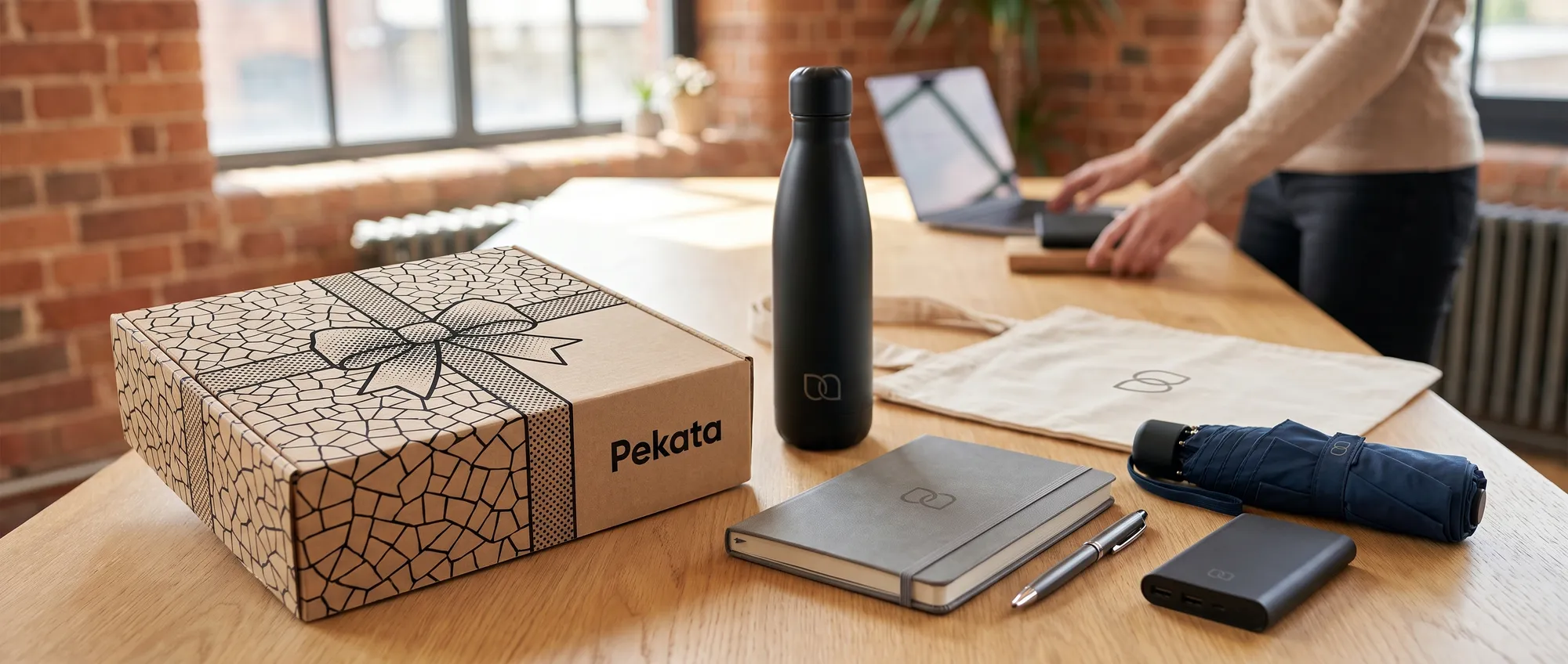 Selección de regalos promocionales con el mismo logo sobre una mesa de marketing junto a una caja Pekata