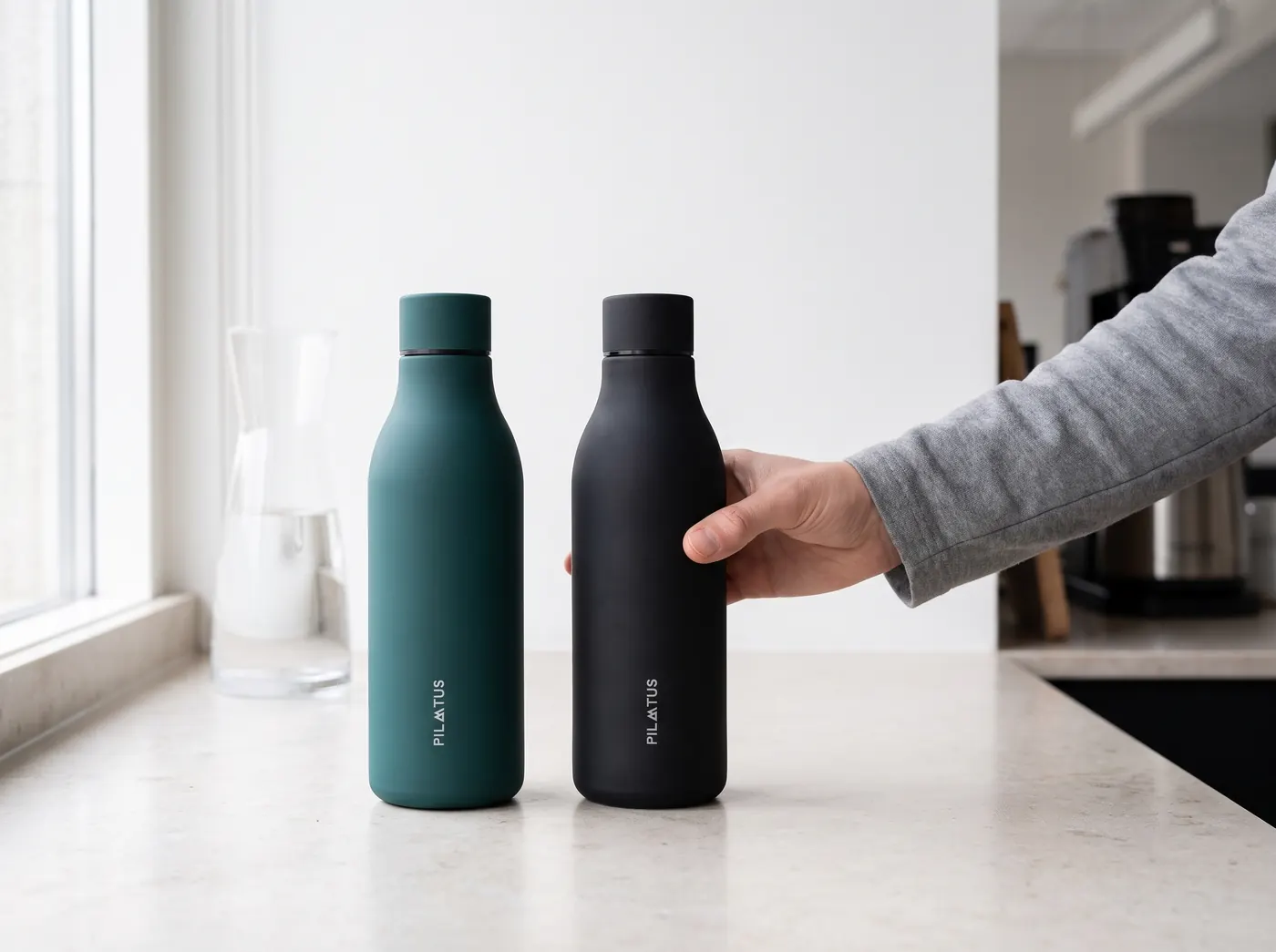 Dos botellas térmicas Pilatus, verde y negra, sobre la encimera de una oficina