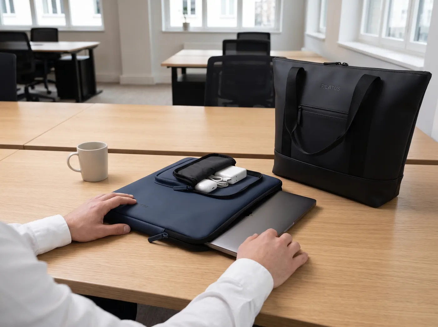 Funda de portátil Pilatus azul marino y bolso tote negro sobre una mesa de oficina