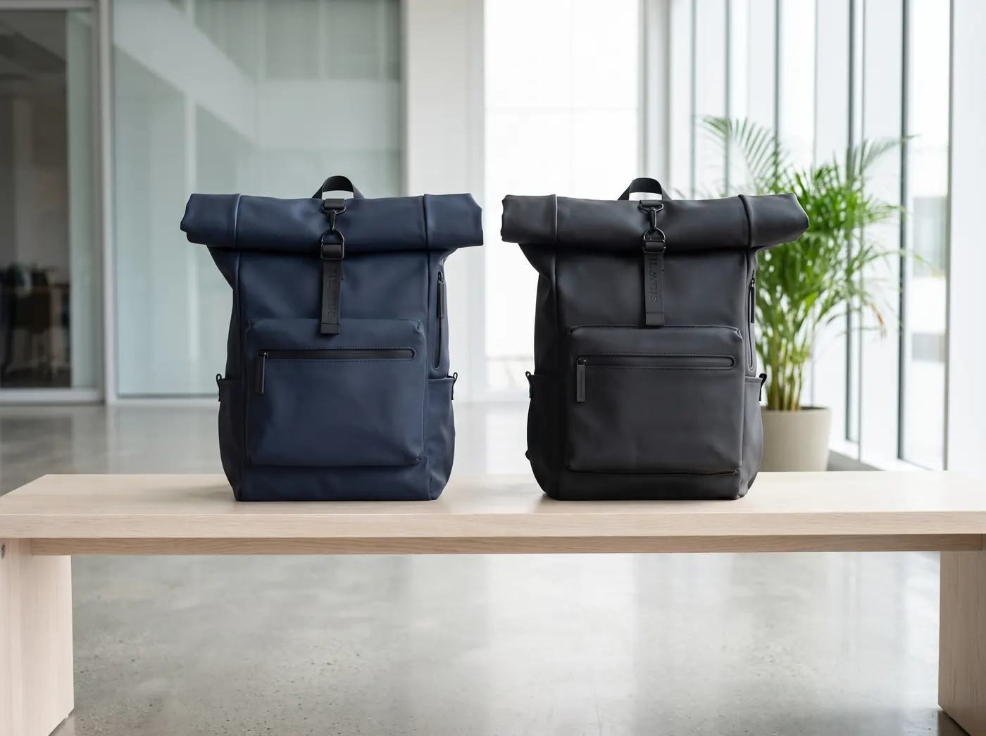 Dos mochilas Pilatus Urban, azul marino y negra, sobre un banco en el vestíbulo de una oficina