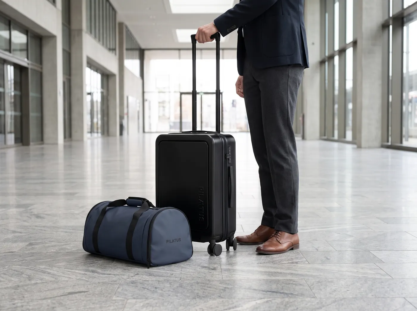 Maleta de cabina negra y bolsa de deporte azul marino de Pilatus en una estación
