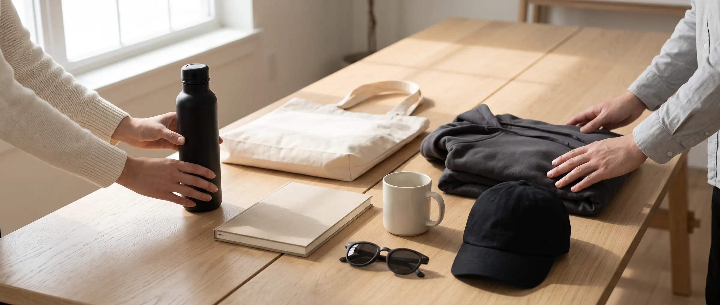 Productos de merchandising sin marcar sobre una mesa de madera clara